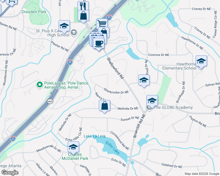 map of restaurants, bars, coffee shops, grocery stores, and more near 2508 Sherbrooke Drive Northeast in Atlanta