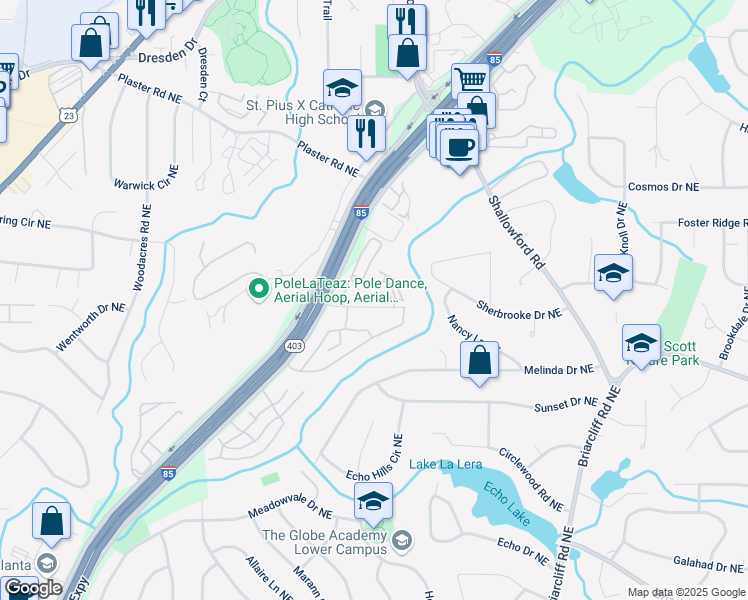 map of restaurants, bars, coffee shops, grocery stores, and more near 4101 Hillington Drive Northeast in Atlanta
