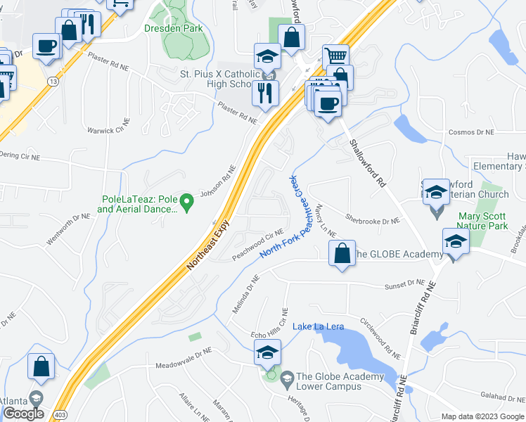map of restaurants, bars, coffee shops, grocery stores, and more near 2350 Peachwood Circle Northeast in Atlanta