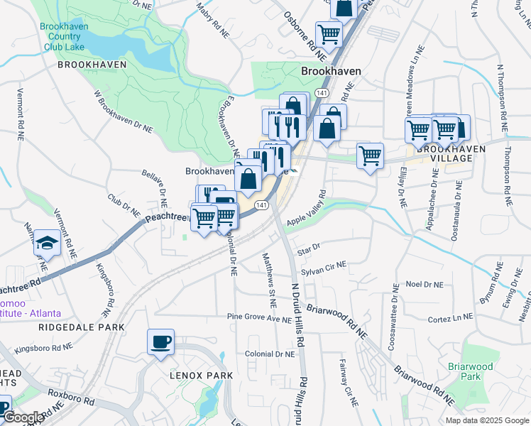 map of restaurants, bars, coffee shops, grocery stores, and more near 3985 Peachtree Road Northeast in Atlanta