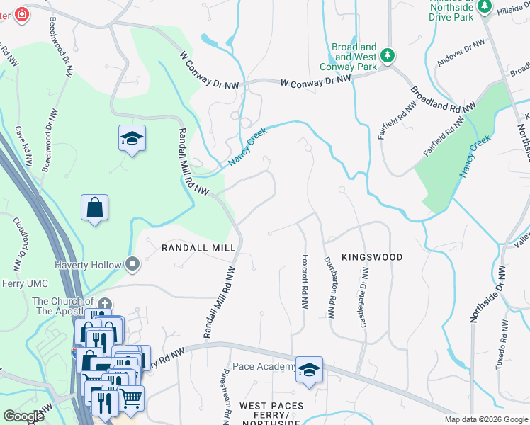 map of restaurants, bars, coffee shops, grocery stores, and more near 923 Buckingham Circle Northwest in Atlanta