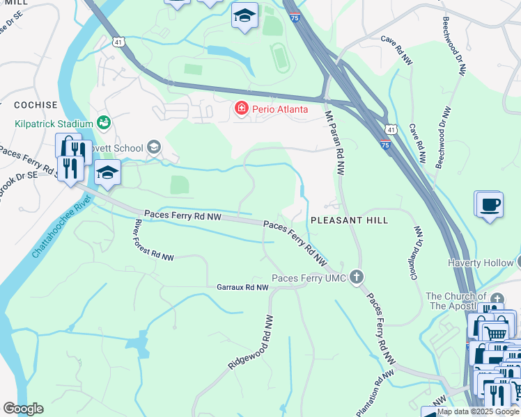 map of restaurants, bars, coffee shops, grocery stores, and more near 3835 Paces Ferry Road Northwest in Atlanta