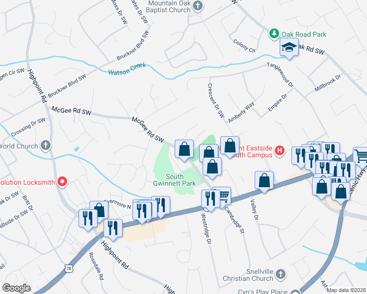 map of restaurants, bars, coffee shops, grocery stores, and more near 1990 Sterling Creek Court in Snellville
