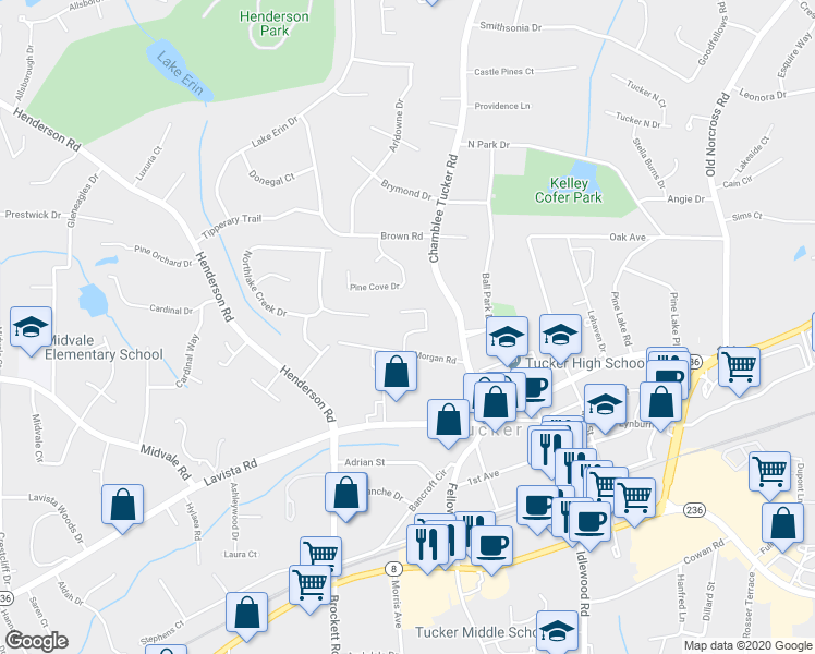 map of restaurants, bars, coffee shops, grocery stores, and more near 2465 Summeroak Drive in Tucker