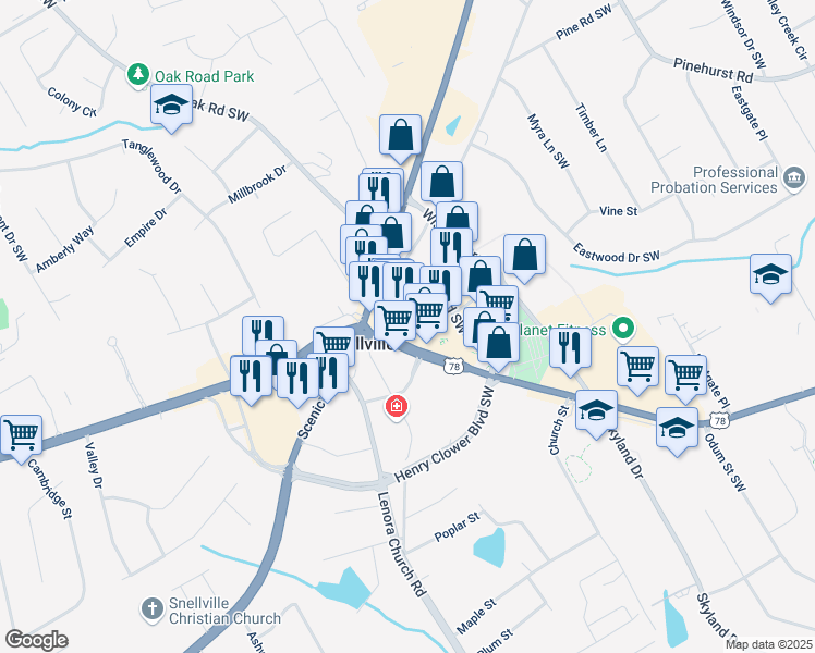 map of restaurants, bars, coffee shops, grocery stores, and more near Snellville Plaza in Snellville