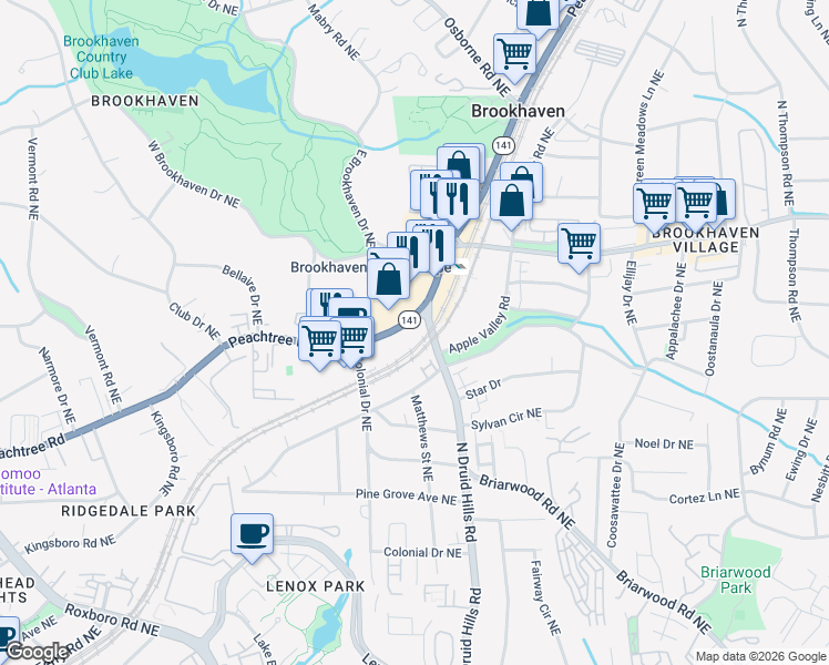 map of restaurants, bars, coffee shops, grocery stores, and more near 3985 Peachtree Road Northeast in Atlanta