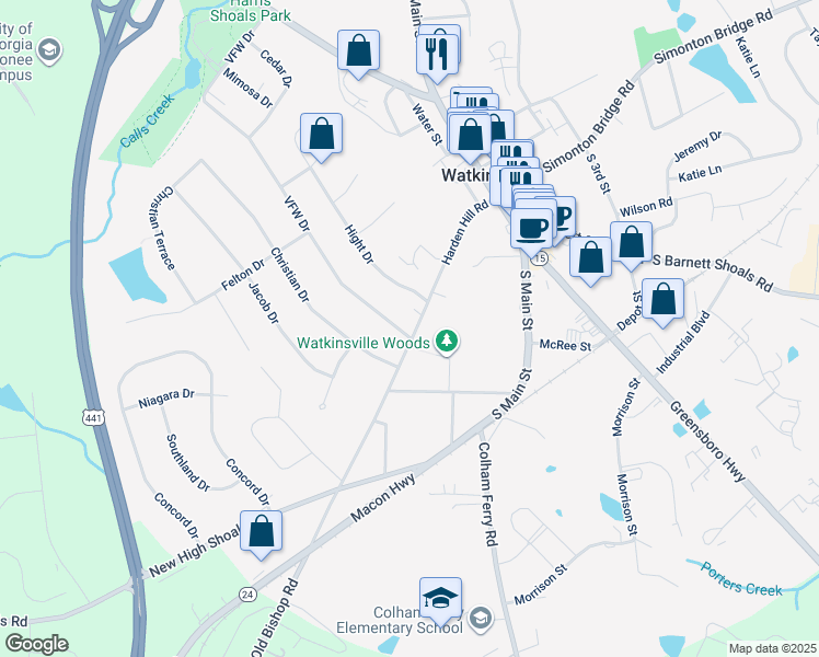 map of restaurants, bars, coffee shops, grocery stores, and more near 100 VFW Drive in Watkinsville
