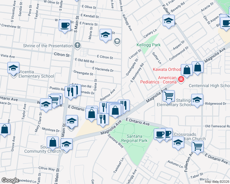 map of restaurants, bars, coffee shops, grocery stores, and more near 466 Raymor Avenue in Corona