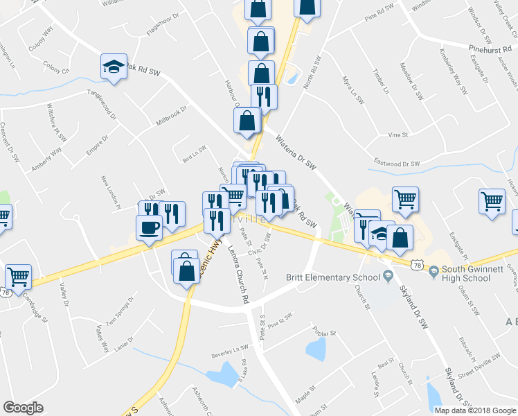 map of restaurants, bars, coffee shops, grocery stores, and more near 2322 Snellville Plaza in Snellville