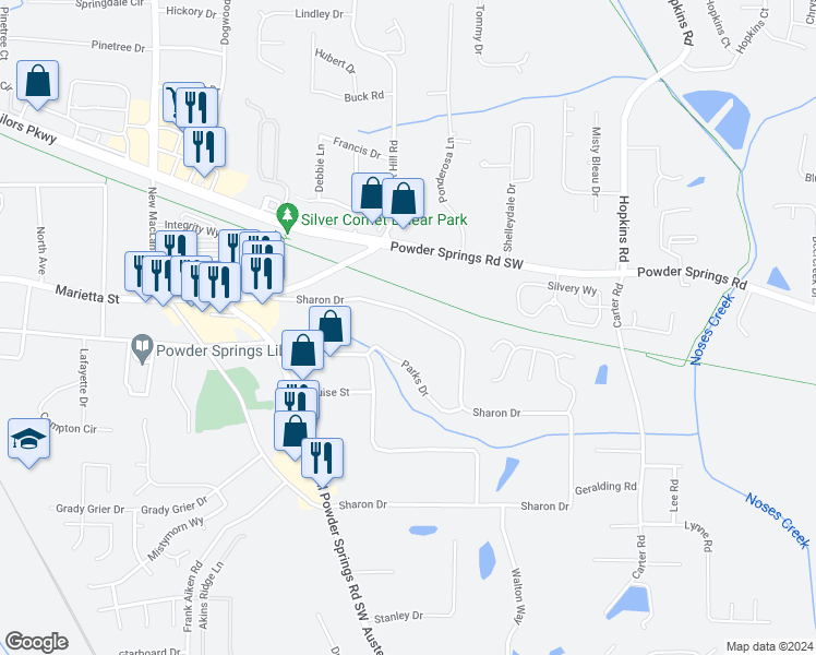 map of restaurants, bars, coffee shops, grocery stores, and more near 3815 Sharon Drive in Powder Springs