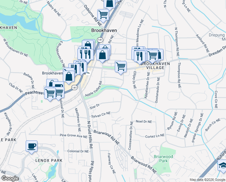 map of restaurants, bars, coffee shops, grocery stores, and more near 1335 Sylvan Circle Northeast in Atlanta