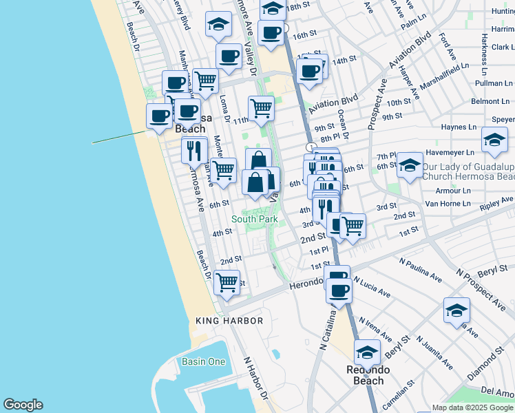 map of restaurants, bars, coffee shops, grocery stores, and more near 520 Cypress Avenue in Hermosa Beach
