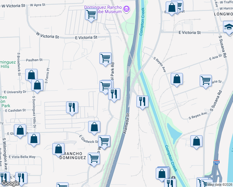 map of restaurants, bars, coffee shops, grocery stores, and more near 19010 South Laurel Park Road in Compton