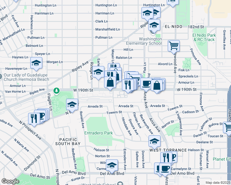 map of restaurants, bars, coffee shops, grocery stores, and more near 5340 West 190th Street in Torrance
