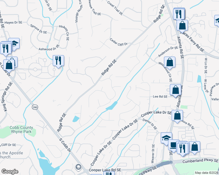 map of restaurants, bars, coffee shops, grocery stores, and more near 4050 Ridgehurst Drive in Smyrna