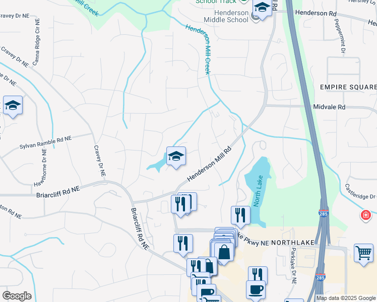 map of restaurants, bars, coffee shops, grocery stores, and more near 3192 Kings Arms Court in Atlanta