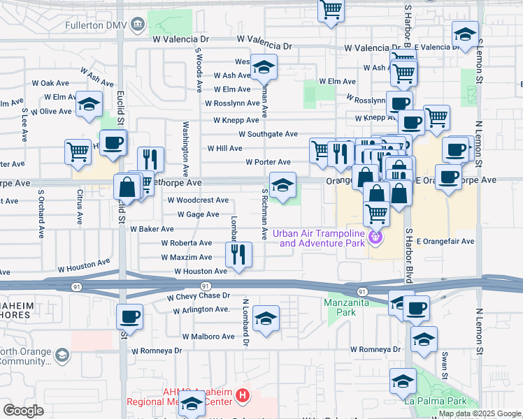 map of restaurants, bars, coffee shops, grocery stores, and more near 501 West Gage Avenue in Fullerton