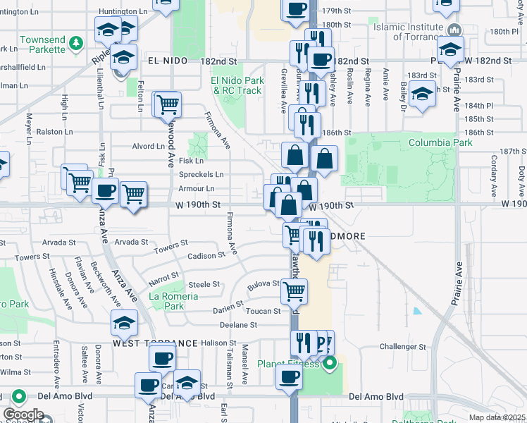 map of restaurants, bars, coffee shops, grocery stores, and more near 4601 191st Street in Torrance