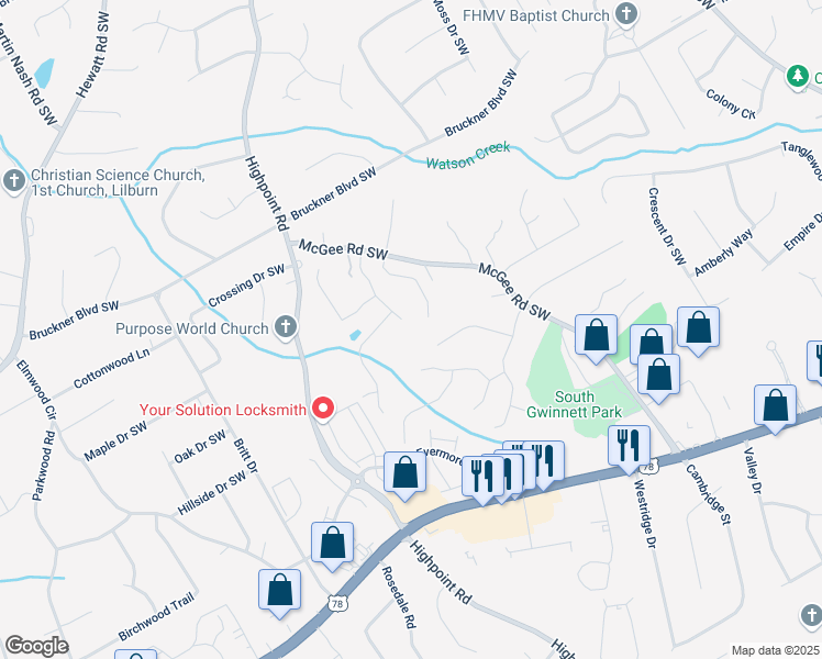map of restaurants, bars, coffee shops, grocery stores, and more near 2050 Lisa Springs Drive Southwest in Snellville
