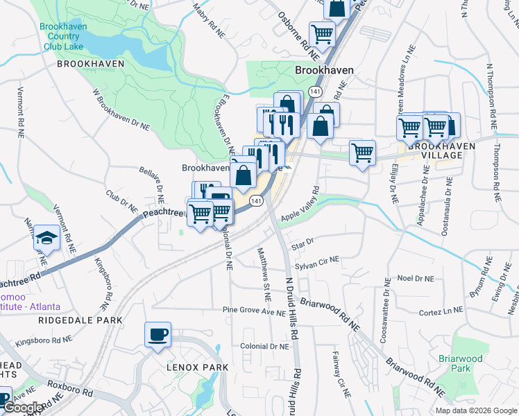 map of restaurants, bars, coffee shops, grocery stores, and more near 3967 Peachtree Road in Atlanta