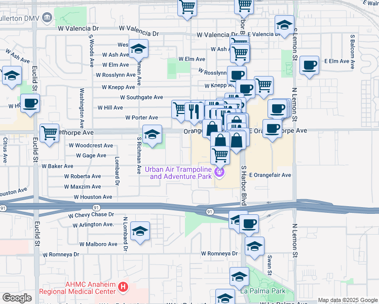 map of restaurants, bars, coffee shops, grocery stores, and more near 1353 South Highland Avenue in Fullerton