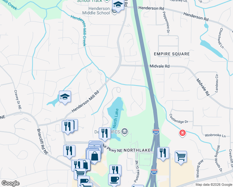 map of restaurants, bars, coffee shops, grocery stores, and more near 2485 Northlake Court Northeast in Atlanta