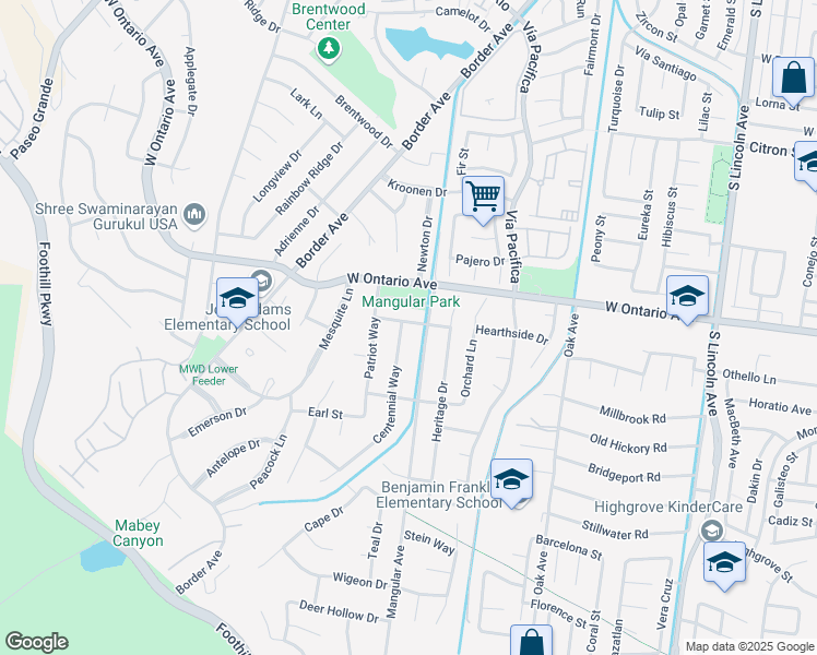 map of restaurants, bars, coffee shops, grocery stores, and more near 2305 Centennial Way in Corona