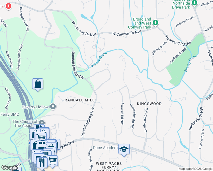 map of restaurants, bars, coffee shops, grocery stores, and more near 923 Buckingham Circle Northwest in Atlanta