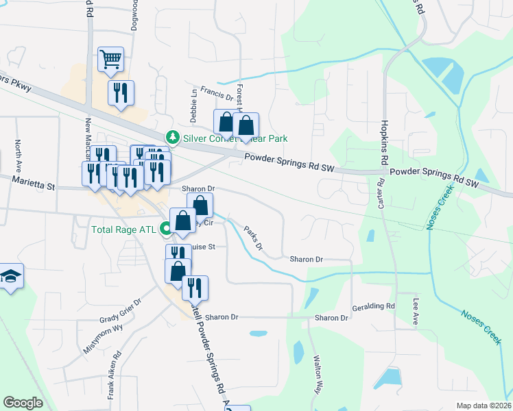 map of restaurants, bars, coffee shops, grocery stores, and more near 3788 Sharon Drive in Powder Springs