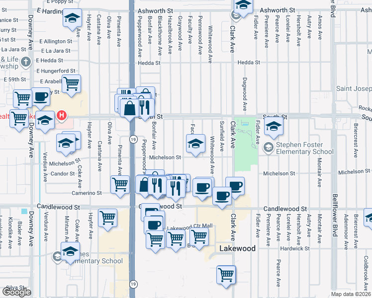 map of restaurants, bars, coffee shops, grocery stores, and more near 5625 Graywood Avenue in Lakewood