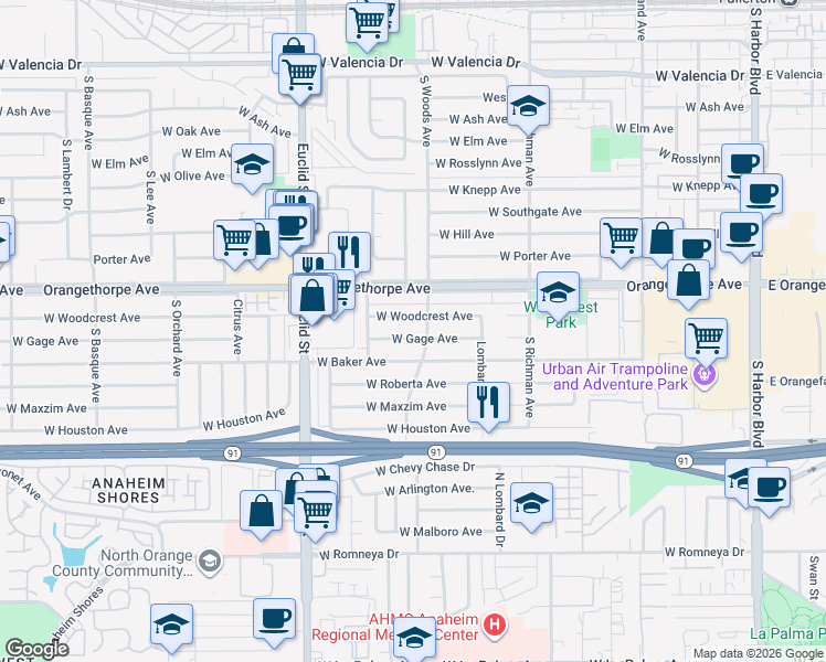 map of restaurants, bars, coffee shops, grocery stores, and more near 713 West Gage Avenue in Fullerton