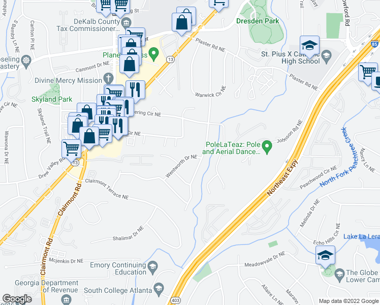 map of restaurants, bars, coffee shops, grocery stores, and more near 2488 Wentworth Drive Northeast in Atlanta