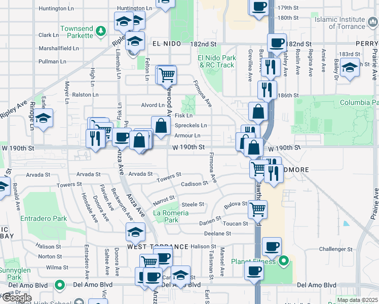 map of restaurants, bars, coffee shops, grocery stores, and more near 4729 191st Street in Torrance