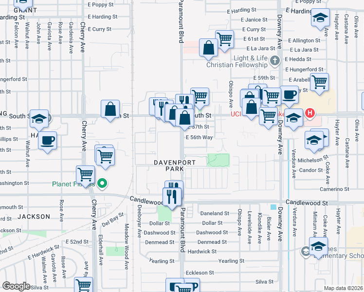 map of restaurants, bars, coffee shops, grocery stores, and more near 5600 Paramount Boulevard in Long Beach