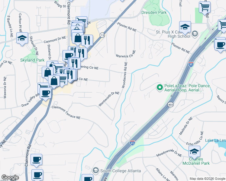 map of restaurants, bars, coffee shops, grocery stores, and more near 2488 Wentworth Drive Northeast in Atlanta