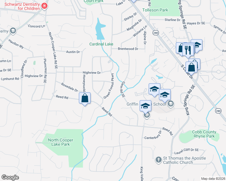 map of restaurants, bars, coffee shops, grocery stores, and more near 3929 Green Forest Parkway in Smyrna