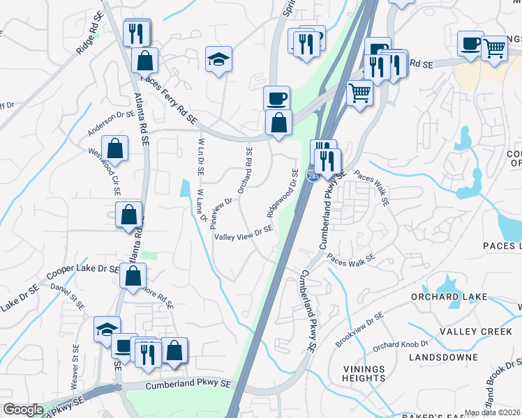 map of restaurants, bars, coffee shops, grocery stores, and more near 3916 Ridgewood Drive Southeast in Smyrna