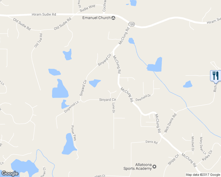 map of restaurants, bars, coffee shops, grocery stores, and more near 82 Ashtin Way in Hiram