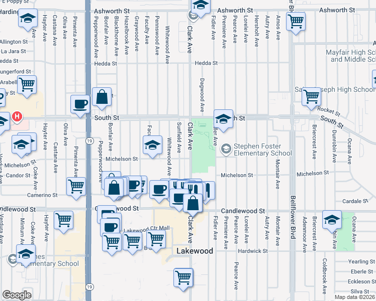 map of restaurants, bars, coffee shops, grocery stores, and more near 5619 Clark Avenue in Lakewood