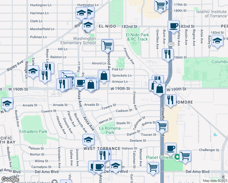 map of restaurants, bars, coffee shops, grocery stores, and more near 4761 191st Street in Torrance
