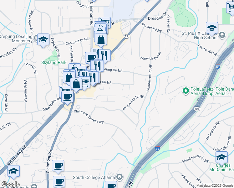 map of restaurants, bars, coffee shops, grocery stores, and more near 2016 Variations Drive Northeast in Atlanta