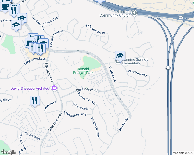 map of restaurants, bars, coffee shops, grocery stores, and more near 949 South Pagossa Way in Anaheim