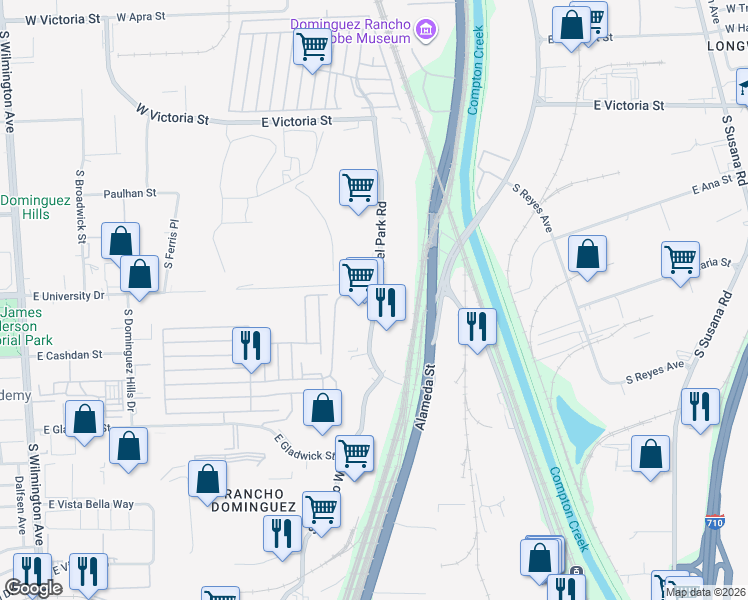 map of restaurants, bars, coffee shops, grocery stores, and more near 19010 South Laurel Park Road in Compton