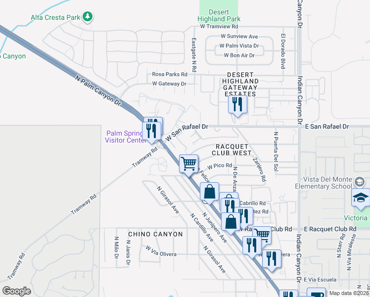 map of restaurants, bars, coffee shops, grocery stores, and more near 2809 North Los Felices Road in Palm Springs