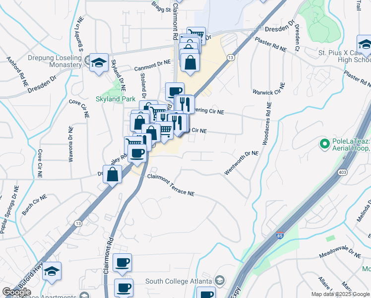 map of restaurants, bars, coffee shops, grocery stores, and more near 1958 Variations Drive Northeast in Atlanta