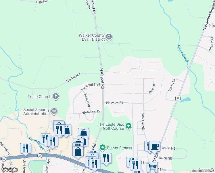 map of restaurants, bars, coffee shops, grocery stores, and more near 901 Parrish Street in Jasper