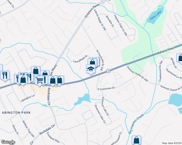 map of restaurants, bars, coffee shops, grocery stores, and more near 1741 Atlanta Highway in Grayson