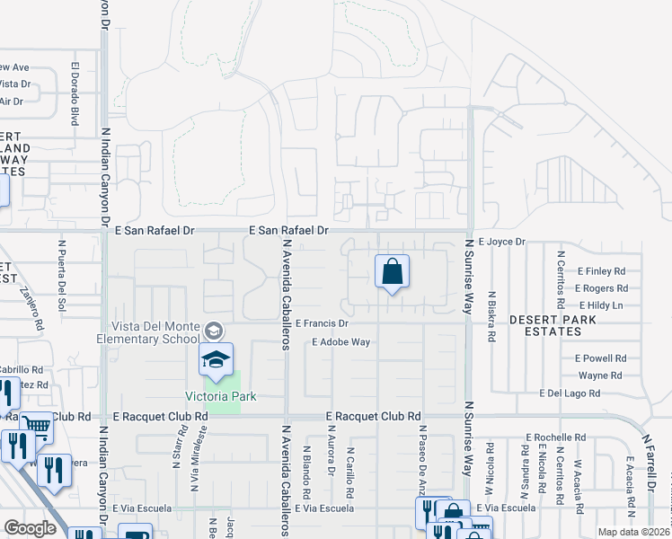 map of restaurants, bars, coffee shops, grocery stores, and more near 3041 Sunflower Circle West in Palm Springs
