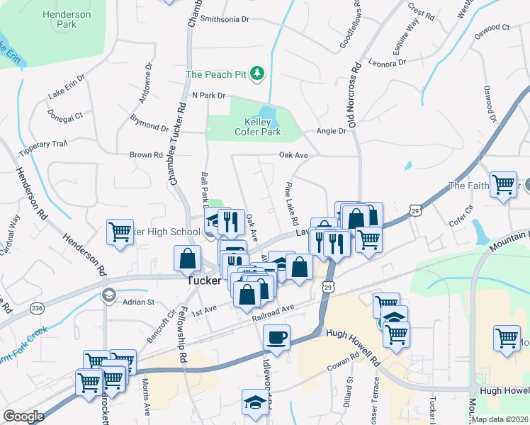 map of restaurants, bars, coffee shops, grocery stores, and more near 2446 Lehaven Drive in Tucker