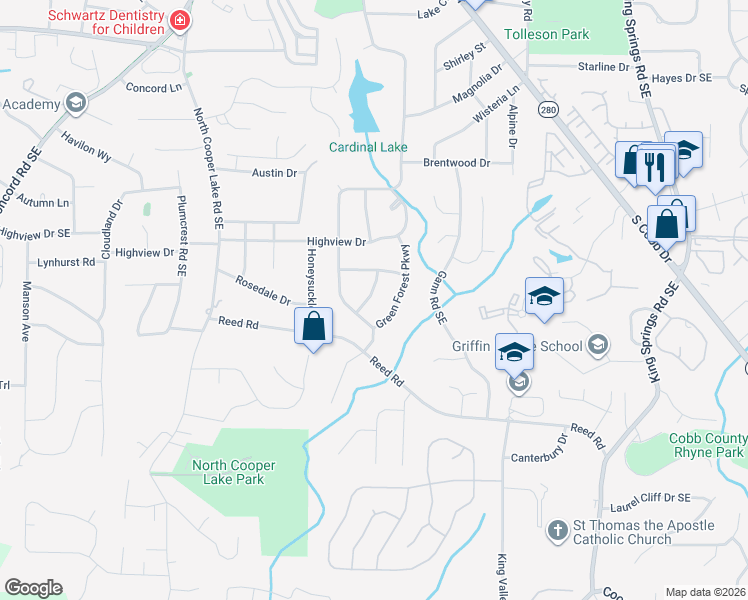 map of restaurants, bars, coffee shops, grocery stores, and more near 3935 Green Forest Lane Southeast in Smyrna